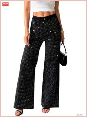 Rhinestone Beaded Wide Leg Flare Jeans High Waist Sparkle Sequin Denim Pants